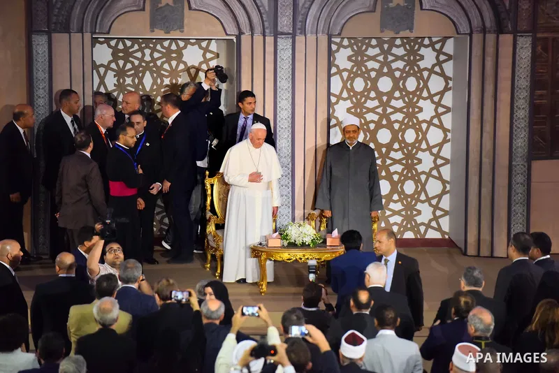 Pope Francis meets with Sheikh Ahmed al-Tayeb, the Grand Imam of Al-Azhar, during a visit to the prestigious Sunni institution in Cairo on April 28, 2017. Pope Francis began a visit to Egypt to promote "unity and fratern...
