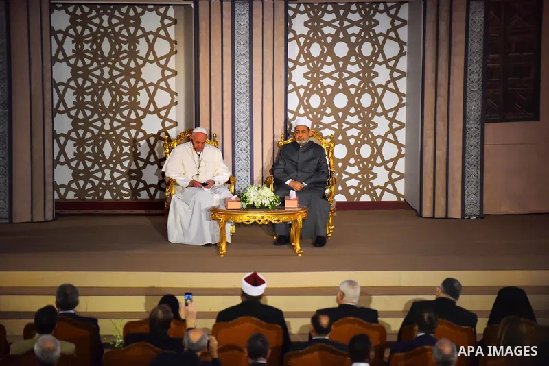 Pope Francis meets with Sheikh Ahmed al-Tayeb, the Grand Imam of Al-Azhar, during a visit to the prestigious Sunni institution in Cairo on April 28, 2017. Pope Francis began a visit to Egypt to promote "unity and fratern...