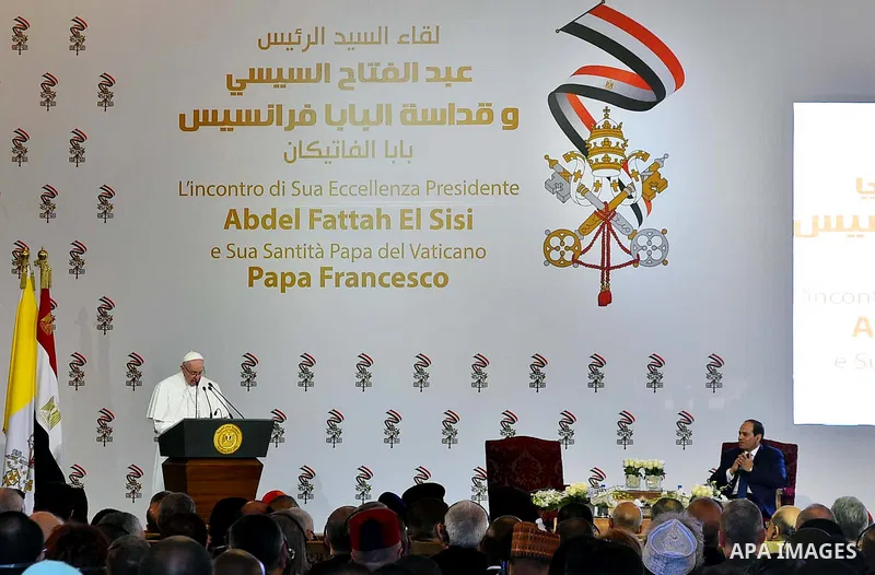 Pope Francis delivers a speech during a meeting with the Egyptian President Abdel Fattah al-Sisi in Cairo on April 28, 2017. Francis, who started a two-day visit, has said he hoped his trip would contribute to dialogue w...
