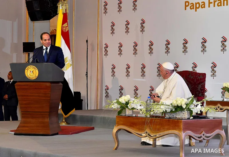 Egyptian President Abdel Fattah al-Sisi delivers a speech during a meeting with Pope Francis in Cairo on April 28, 2017. Francis, who started a two-day visit, has said he hoped his trip would contribute to dialogue with...