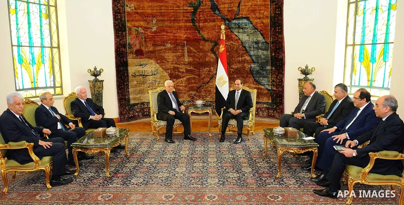Egyptian President Abdel Fattah el-Sisi meets with Palestinian President Mahmoud Abbas, in Cario, Egypt on April 29, 2017. Photo by Egyptian President Office