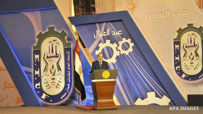 Egyptian President Abdel Fattah al-Sisi speaks during the ceremony to mark International Workers' Day or "Labour Day" in Cairo, Egypt, on April 30, 2017. Photo by Egyptian President Office