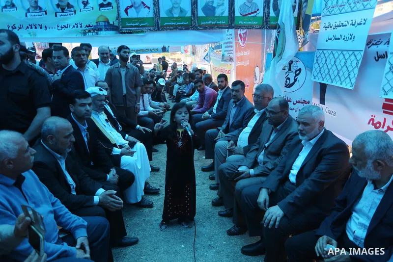 Senior political leaders of the Islamist movement, Ismail Haniyeh takes part at a protest to show solidarity with Palestinian prisoners on hunger strike in Israeli jails, in Gaza city on April 30, 2017. Photo by Mohammed...