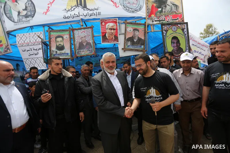 Senior political leaders of the Islamist movement, Ismail Haniyeh takes part at a protest to show solidarity with Palestinian prisoners on hunger strike in Israeli jails, in Gaza city on April 30, 2017. Photo by Mohammed...
