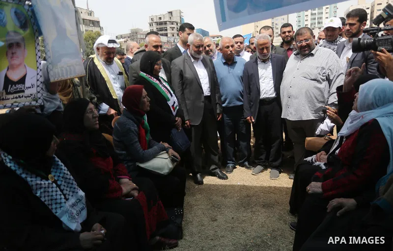 Senior political leaders of the Islamist movement, Ismail Haniyeh takes part at a protest to show solidarity with Palestinian prisoners on hunger strike in Israeli jails, in Gaza city on April 30, 2017. Photo by Mohammed...