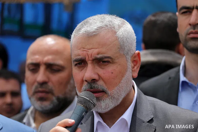 Senior political leaders of the Islamist movement, Ismail Haniyeh delivers a speech as he takes part at a protest to show solidarity with Palestinian prisoners on hunger strike in Israeli jails, in Gaza city on April 30,...