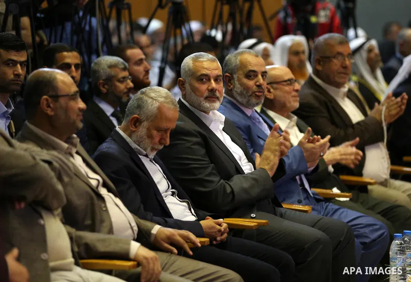 Senior political leaders of the Islamist movement, Ismail Haniyeh attends a ceremony entitled "Return to Jerusalem" in Gaza city on April 30, 2017. Photo by Ashraf Amra