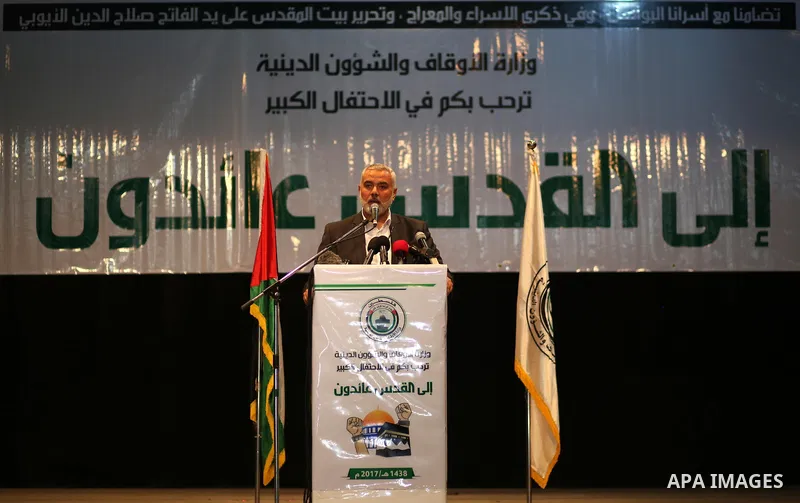 Senior political leaders of the Islamist movement, Ismail Haniyeh delivers a speech during a ceremony entitled "Return to Jerusalem" in Gaza city on April 30, 2017. Photo by Ashraf Amra