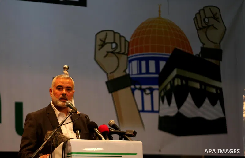 Senior political leaders of the Islamist movement, Ismail Haniyeh delivers a speech during a ceremony entitled "Return to Jerusalem" in Gaza city on April 30, 2017. Photo by Ashraf Amra