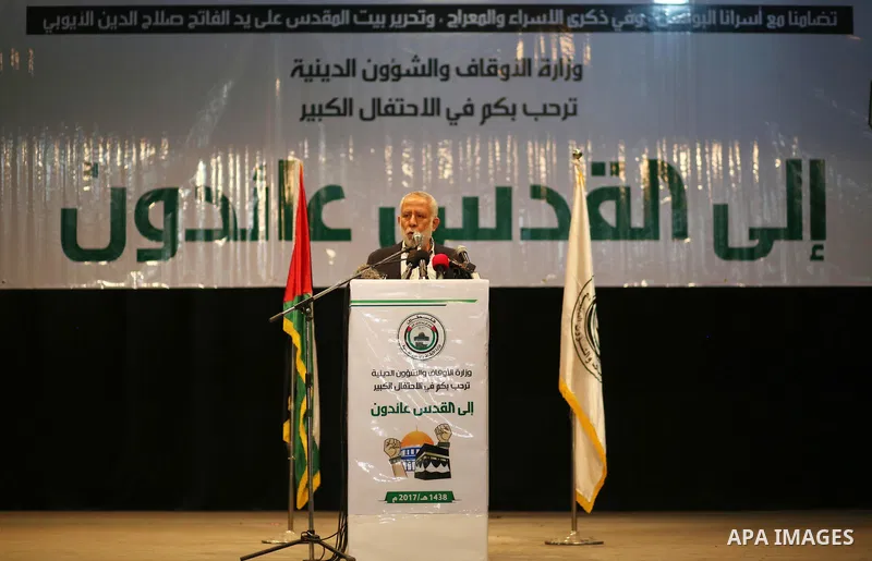 Islamic Jihad leader Mohammed al-Hindi delivers a speech during a ceremony entitled "Return to Jerusalem" in Gaza city on April 30, 2017. Photo by Ashraf Amra
