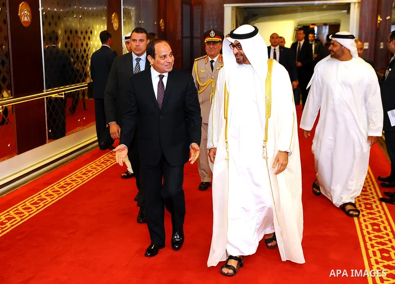 Crown Prince of Abu Dhabi Sheikh Mohammed bin Zayed al-Nahyan welcomes Egyptian President Abdel Fattah al-Sisi at the Presidential Airport in Abu Dhabi, UAE, May 3, 2017. Photo by Egyptian President Office