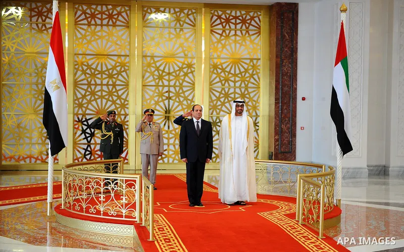 Crown Prince of Abu Dhabi Sheikh Mohammed bin Zayed al-Nahyan welcomes Egyptian President Abdel Fattah al-Sisi at the Presidential Airport in Abu Dhabi, UAE, May 3, 2017. Photo by Egyptian President Office