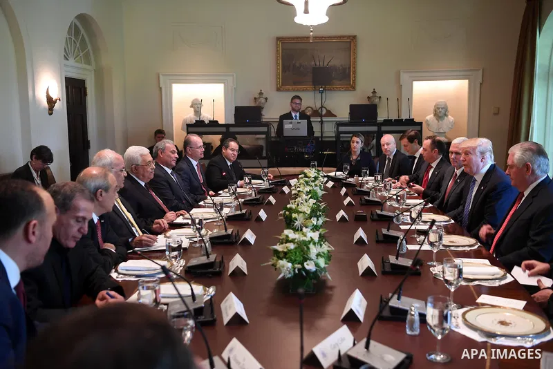 US President Donald Trump meets with Palestinian President Mahmoud Abbas at the White House in Washington, DC, on May 3, 2017. Photo by Thaer Ganaim