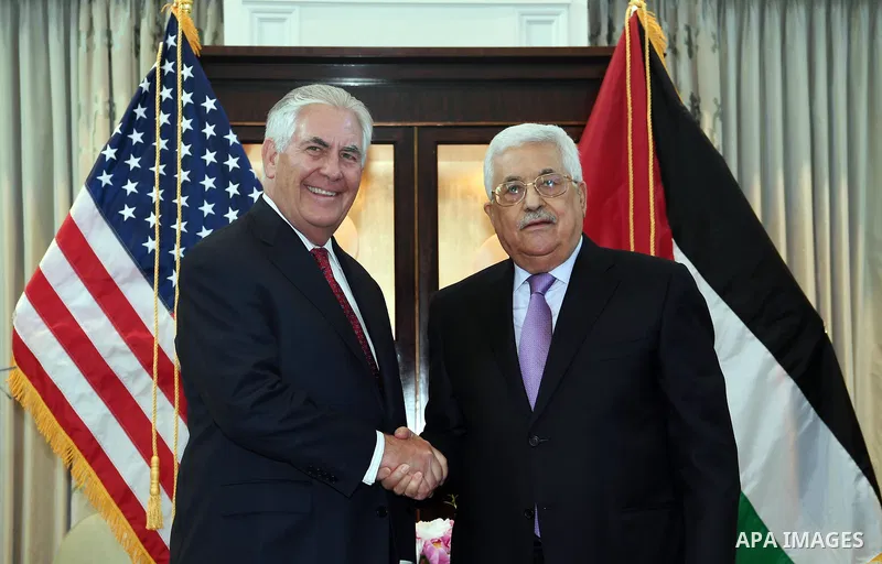 Palestinian President Mahmoud Abbas meets with U.S. Secretary of State Rex Tillerson, in Washington, United States, on May 3, 2017. Photo by Thaer Ganaim