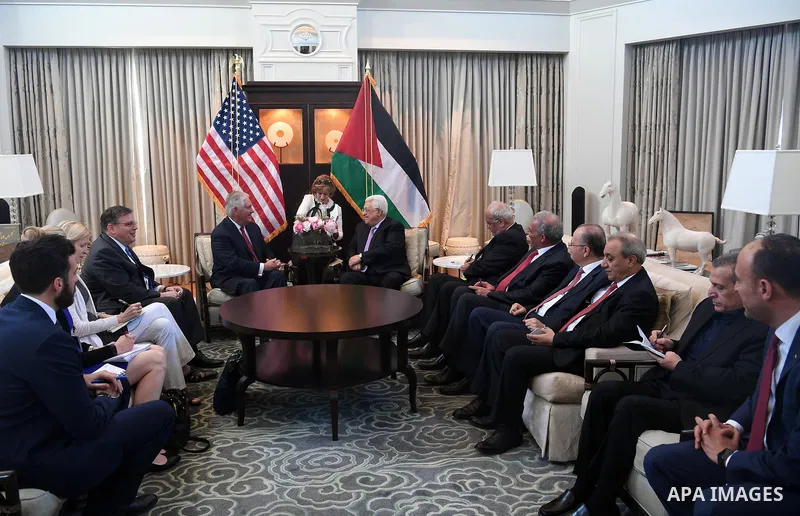 Palestinian President Mahmoud Abbas meets with U.S. Secretary of State Rex Tillerson, in Washington, United States, on May 3, 2017. Photo by Thaer Ganaim