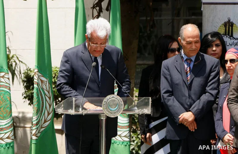 Gamal Al-Shobaky, the State of Palestine's Ambassador to Egypt and its delegate to the Arab League, speaks during an event held in solidarity with Palestinian hunger-striking prisoners in Israeli jails, at the Arab Leagu...