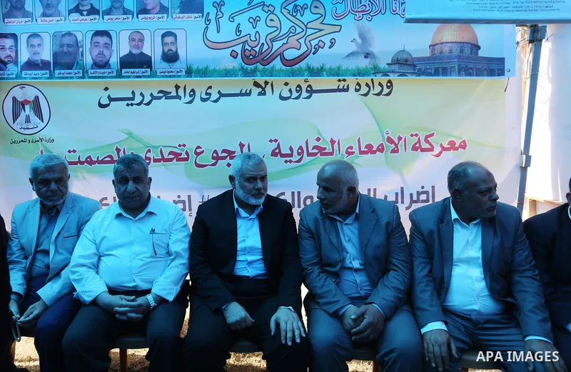 Newly elected Hamas chief, Ismail Haniya,visits protesters taking part in a sit-in in support of Palestinian hunger-striking prisoners held in Israeli jails, on May 8, 2017, in Gaza City. Photo by Ashraf Amra