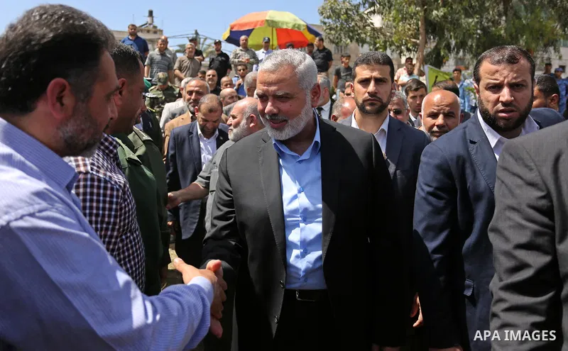 Newly elected Hamas chief, Ismail Haniya, arrives to visit protesters taking part in a sit-in in support of Palestinian hunger-striking prisoners held in Israeli jails, on May 8, 2017, in Gaza City. Photo by Ashraf Amra