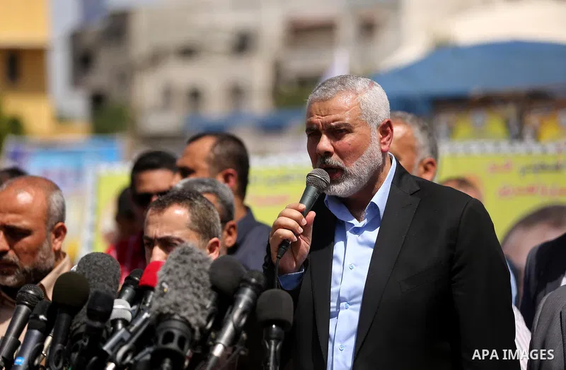 Newly elected Hamas chief, Ismail Haniya, speaks to the press during a sit-in in support of Palestinian hunger-striking prisoners held in Israeli jails, on May 8, 2017, in Gaza City. Photo by Ashraf Amra