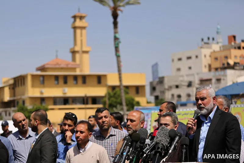 Newly elected Hamas chief, Ismail Haniya, speaks to the press during a sit-in in support of Palestinian hunger-striking prisoners held in Israeli jails, on May 8, 2017, in Gaza City. Photo by Ashraf Amra