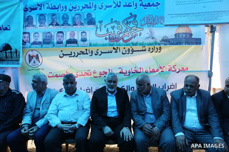 Newly elected Hamas chief, Ismail Haniya,visits protesters taking part in a sit-in in support of Palestinian hunger-striking prisoners held in Israeli jails, on May 8, 2017, in Gaza City. Photo by Ashraf Amra