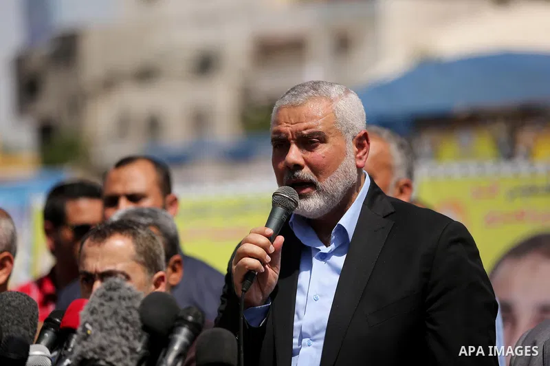 Newly elected Hamas chief, Ismail Haniya, speaks to the press during a sit-in in support of Palestinian hunger-striking prisoners held in Israeli jails, on May 8, 2017, in Gaza City. Photo by Ashraf Amra