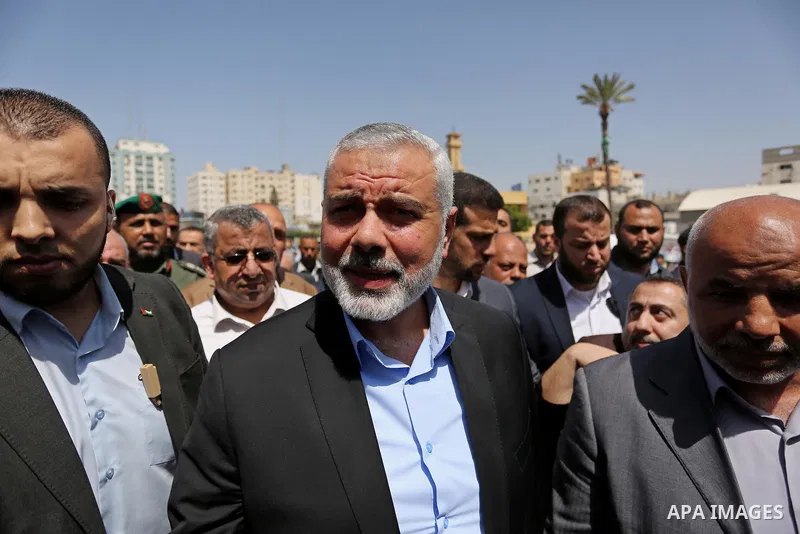 Newly elected Hamas chief, Ismail Haniya, arrives to visit protesters taking part in a sit-in in support of Palestinian hunger-striking prisoners held in Israeli jails, on May 8, 2017, in Gaza City. Photo by Ashraf Amra