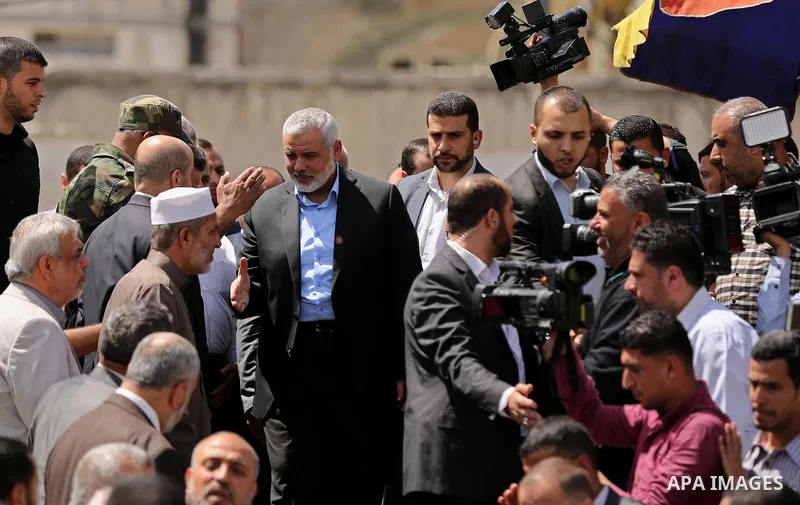 Newly elected Hamas chief, Ismail Haniya, arrives to visit protesters taking part in a sit-in in support of Palestinian hunger-striking prisoners held in Israeli jails, on May 8, 2017, in Gaza City. Photo by Ashraf Amra