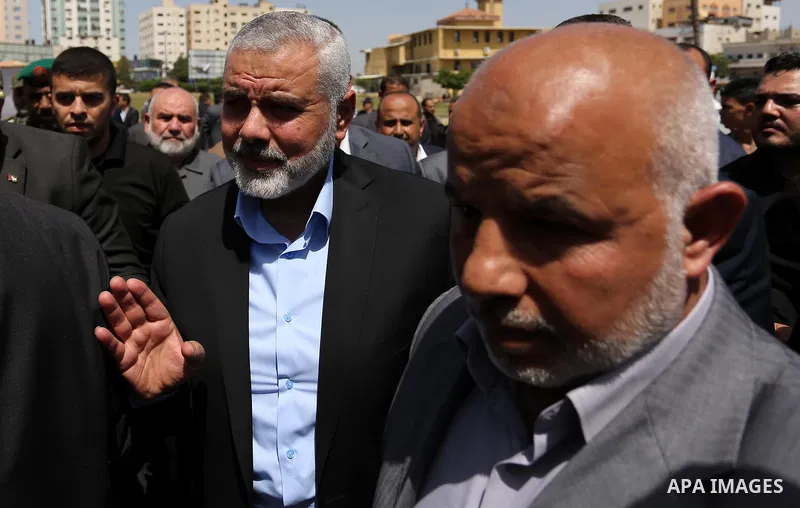 Newly elected Hamas chief, Ismail Haniya, arrives to visit protesters taking part in a sit-in in support of Palestinian hunger-striking prisoners held in Israeli jails, on May 8, 2017, in Gaza City. Photo by Ashraf Amra