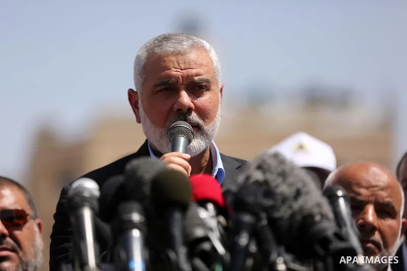 Newly elected Hamas chief, Ismail Haniya, speaks to the press during a sit-in in support of Palestinian hunger-striking prisoners held in Israeli jails, on May 8, 2017, in Gaza City. Photo by Ashraf Amra