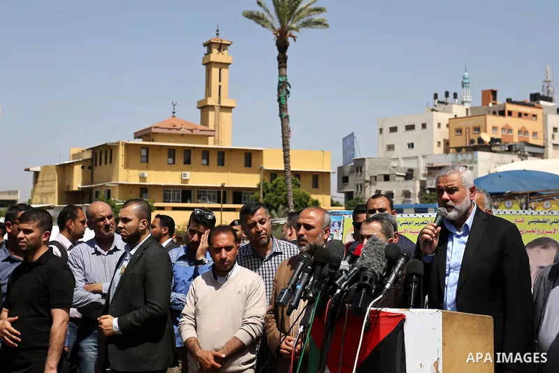 Newly elected Hamas chief, Ismail Haniya, speaks to the press during a sit-in in support of Palestinian hunger-striking prisoners held in Israeli jails, on May 8, 2017, in Gaza City. Photo by Ashraf Amra