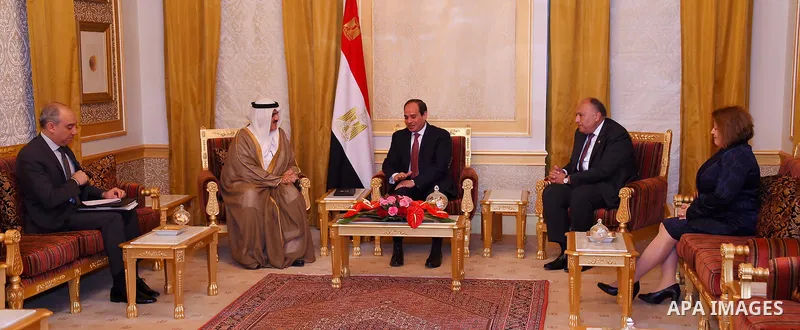 Egyptian President Abdel Fattah al-Sisi meets with Bahrain's parliament speaker Ahmad bin Ibrahim Al-Mulla in Manama, Bahrain on May 09, 2017. Photo by Egyptian President Office