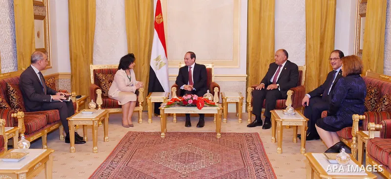 Egyptian President Abdel Fattah al-Sisi meets with Bahrain’s Minister of Culture, Sheikha Mai bint Mohammed Al Khalifa in Manama, Bahrain on May 09, 2017. Photo by Egyptian President Office