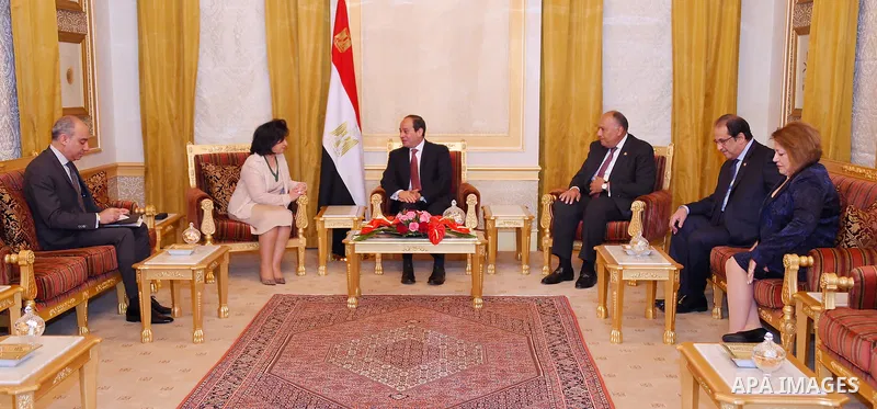 Egyptian President Abdel Fattah al-Sisi meets with Bahrain’s Minister of Culture, Sheikha Mai bint Mohammed Al Khalifa in Manama, Bahrain on May 09, 2017. Photo by Egyptian President Office