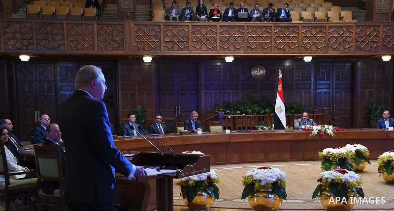Egyptian President Abdel Fattah al-Sisi attends the production ceremony of the natural gas fields project, in Delta North Egypt, on May 10, 2017. Photo by Egyptian President Office