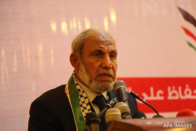 Senior Hamas leader Mahmoud al-Zahar, speaks during a meeting, in Gaza city, on May 14, 2017. Photo by Ashraf Amra