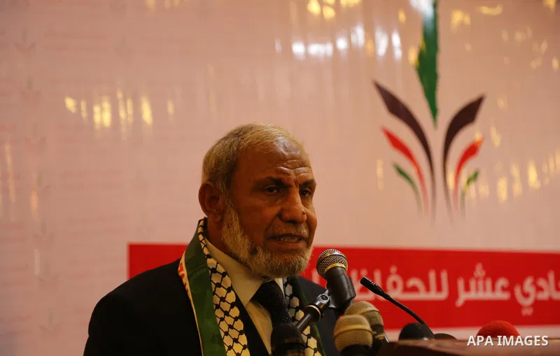 Senior Hamas leader Mahmoud al-Zahar, speaks during a meeting, in Gaza city, on May 14, 2017. Photo by Ashraf Amra