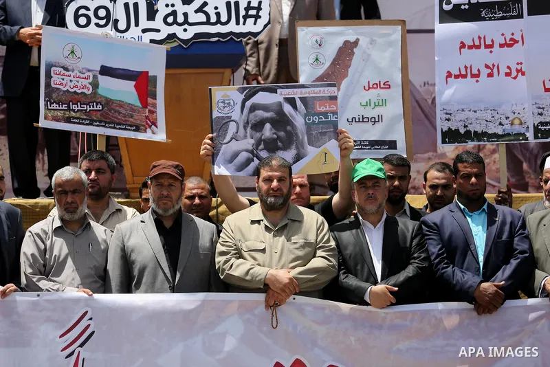 Palestinians take part in a rally to commemorate the 69th anniversary of the "Nakba" in Gaza City, on May 15, 2017. "Nakba" means in Arabic "catastrophe" in reference to the birth of the state of Israel 69-years-ago in B...