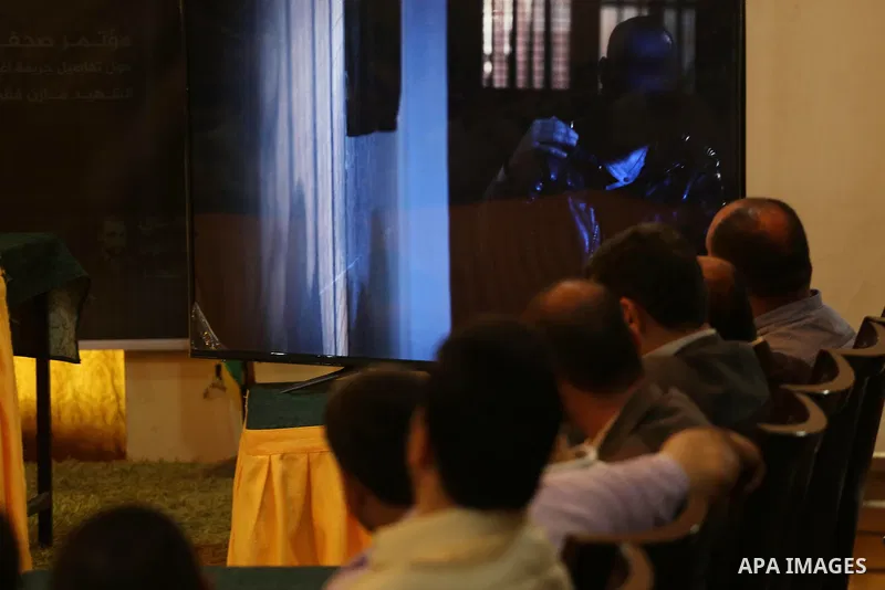 Palestinians attend a press conference to detect details of the killing one of its key military commanders, Mazen Faqha, who was shot dead on March 24, 2017 near his home in Gaza City on May 16, 2017. Photo by Mohammed A...