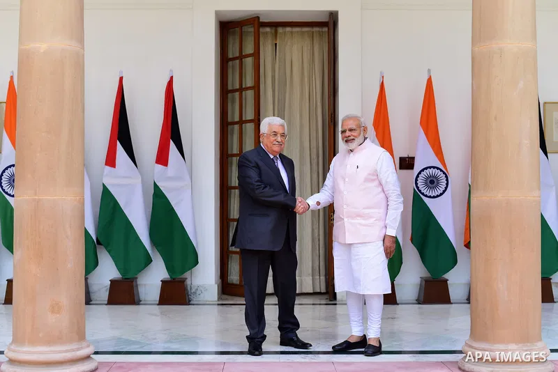 Palestinian President Mahmoud Abbas shakes hands with Indian Prime Minister Narendra Modi before a meeting in New Delhi on May 16, 2107. Palestinian President Mahmoud Abbas is on a four-day state visit to India until May...