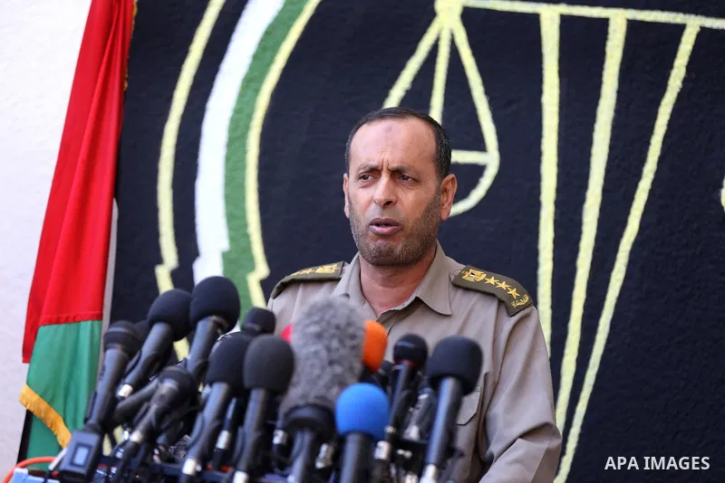 Brigadier General, Naser Soliman, speaks during a conference at the military court in Gaza City, on May 21, 2017. A court in the Gaza Strip sentenced three men to death over the assassination of a Hamas military commande...