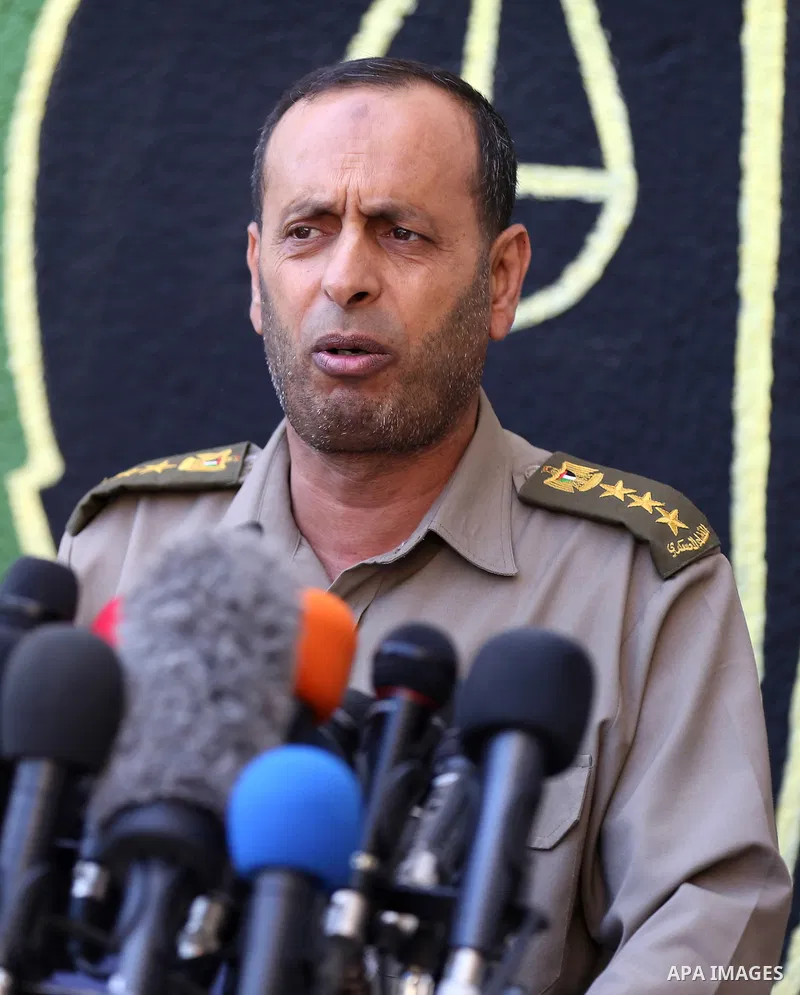Brigadier General, Naser Soliman, speaks during a conference at the military court in Gaza City, on May 21, 2017. A court in the Gaza Strip sentenced three men to death over the assassination of a Hamas military commande...