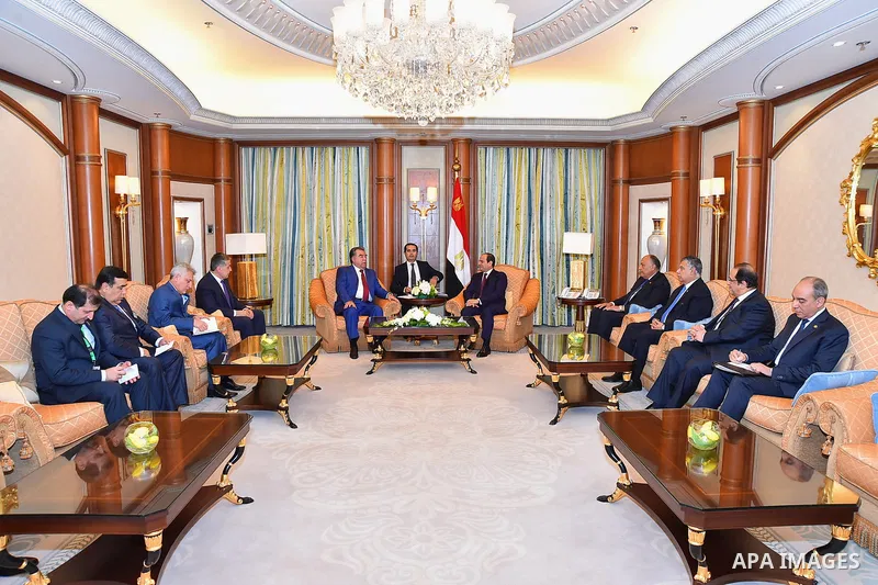 Egyptian President Abdel Fattah al-Sisi meets with President of the Republic of Tajikistan Emomali Rahmon, in the Saudi capital Riyadh on the sideline of the Arab American Islamic summit on May 21, 2017. Photo by Egyptia...