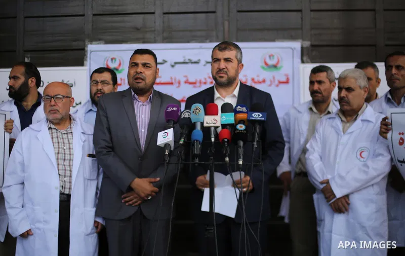 Director General of Pharmacy in the Ministry of Health, Mounir El Barsh, speaks to media during a protest against decision of Palestinian Authority halting shipments of baby formula and medicines to hospitals on Gaza str...