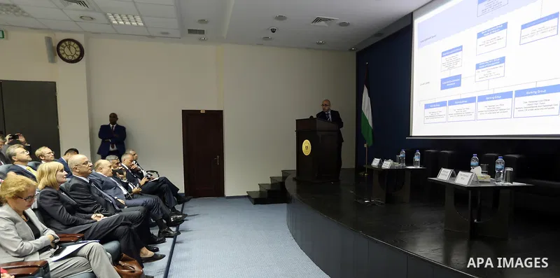 Palestinian Prime Minister Rami Hamdallah attends a meeting about donor countries in Palestine, at his office in the West Bank city of Ramallah, on May 24, 2017. Photo by Prime Minister Office