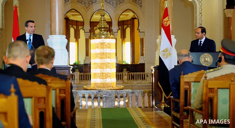 Egyptian President Abdel Fattah al-Sisi and Austrian Chancellor Christian Kern hold a joint press conerence in Cairo, Egypt, on May 24, 2017. Photo by Egyptian President Office