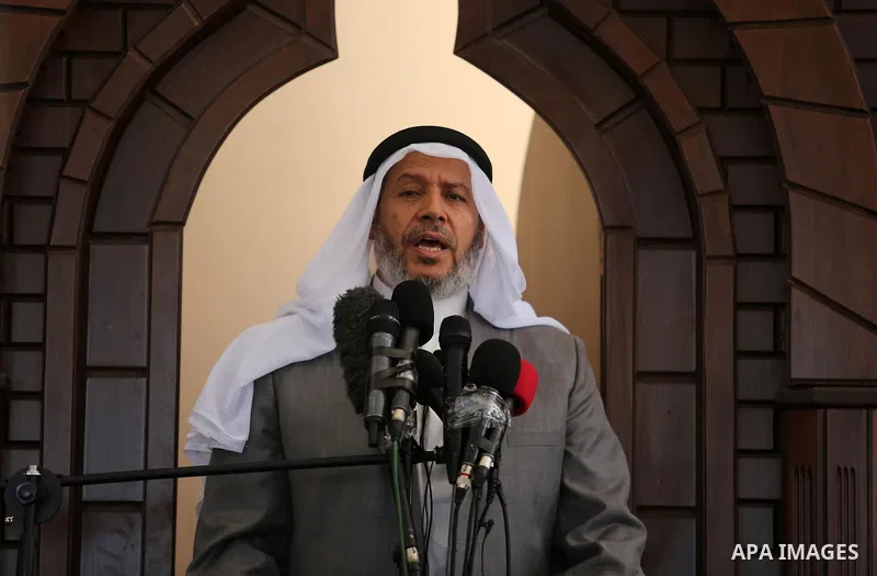 Senior Hamas leader Khalil al-Hayah speaks during the opening of the mosque of Mazen Faqha, in Zawayda in the central Gaza Strip on May 26, 2017. Photo by Ashraf Amra