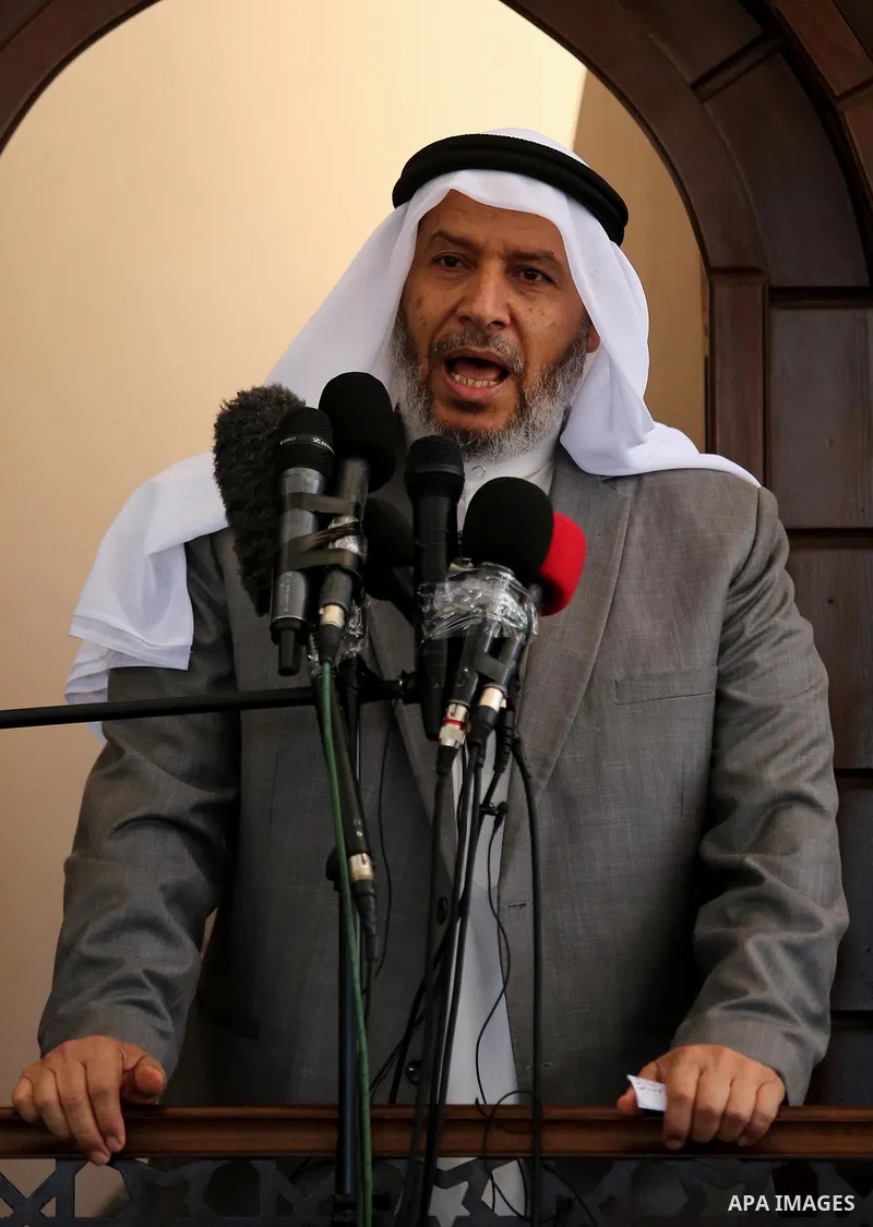 Senior Hamas leader Khalil al-Hayah speaks during the opening of the mosque of Mazen Faqha, in Zawayda in the central Gaza Strip on May 26, 2017. Photo by Ashraf Amra