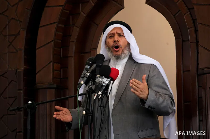 Senior Hamas leader Khalil al-Hayah speaks during the opening of the mosque of Mazen Faqha, in Zawayda in the central Gaza Strip on May 26, 2017. Photo by Ashraf Amra