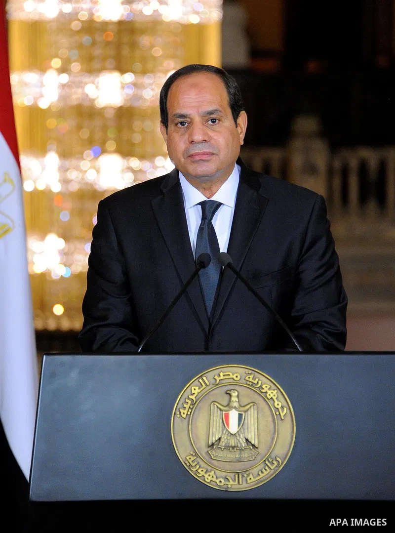 Egyptian President Abdel Fattah al-Sisi gives an address after the gunmen attack in Minya, accompanied by leaders of the Supreme Council of the Armed Forces and the Supreme Council for Police (unseen), at the Ittihadiya...